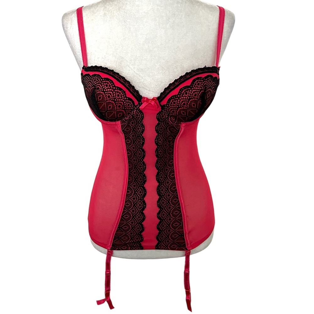 Red corset black lace garter straps sexy boning bow medium Spree Intimates NWT